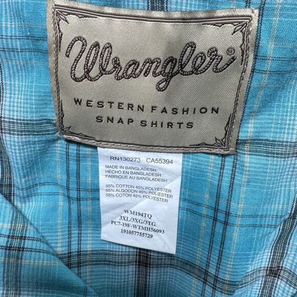 Wrangler Shirt Mens 3XL Blue Plaid Western‎ Snap Pearl Pockets Cowboy Rodeo - Picture 3 of 7
